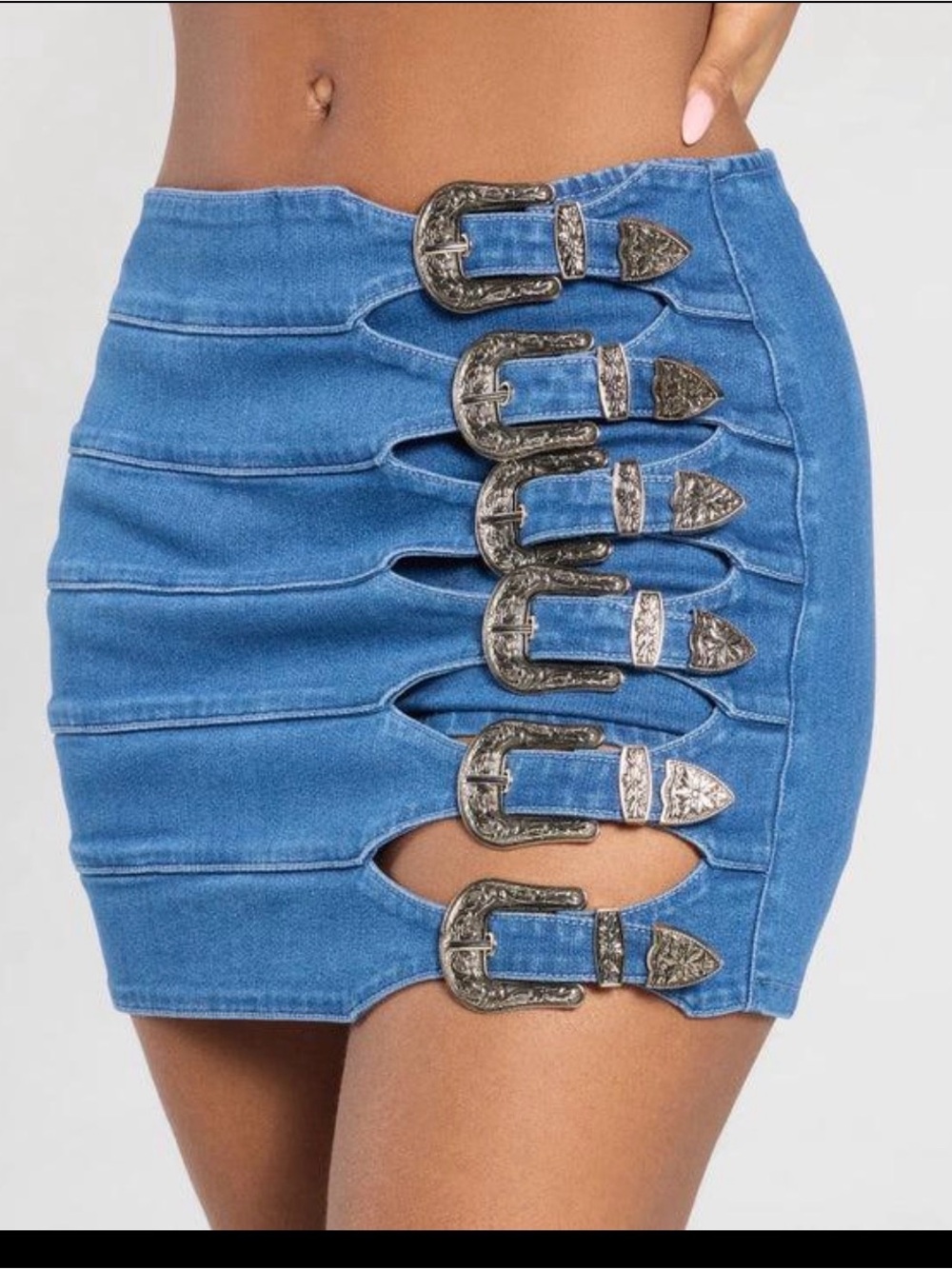 Women’s Light Blue Denim Mini Skirt with Western Buckle Detail